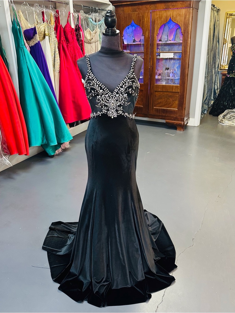 Black Beaded Prom Gown with Crystal Embellished Bodice